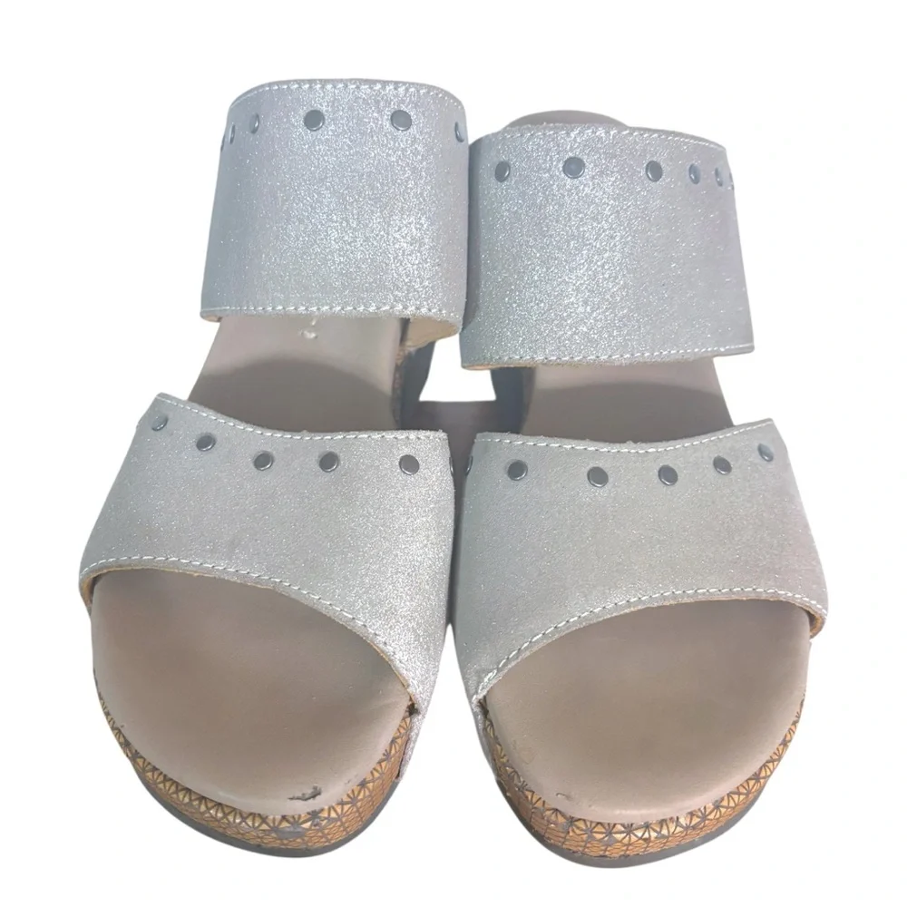 Naked Feet Beslow Leather Platform Slide Sandal Chunky Heel Silver 8